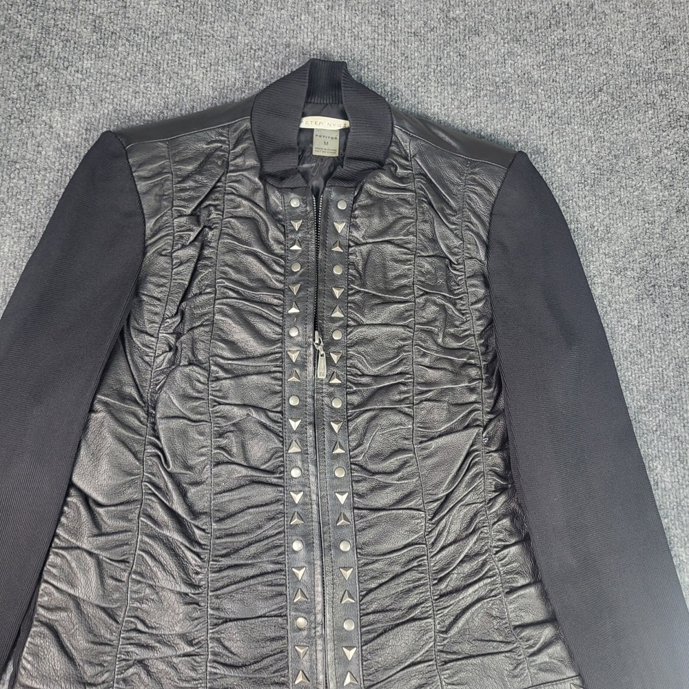 Peter Nygard Petites Black Leather Studded Ruched Zip Jacket Medium 3C080781